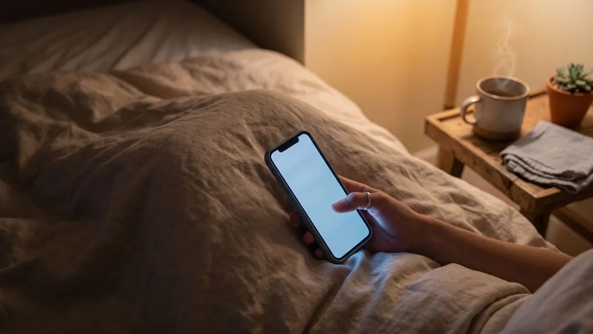 夜のベッドサイドで、スマートフォンにその日のことを書き留めている手元