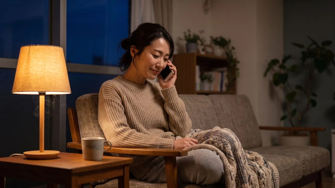 夜のリビングで、ブランケットを膝にかけてスマートフォンで話している女性