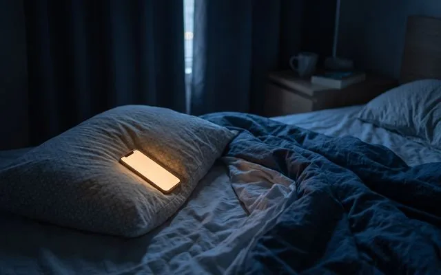 深夜の寝室。枕元でスマートフォンの画面だけが薄く光っている
